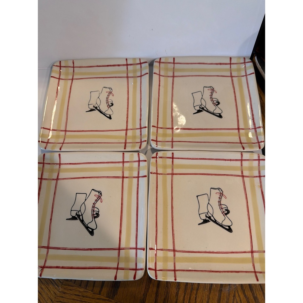 Set of 4 Square Ceramic Ice Skate Plaid Winter Holiday Appetizer‎ Plates Cream